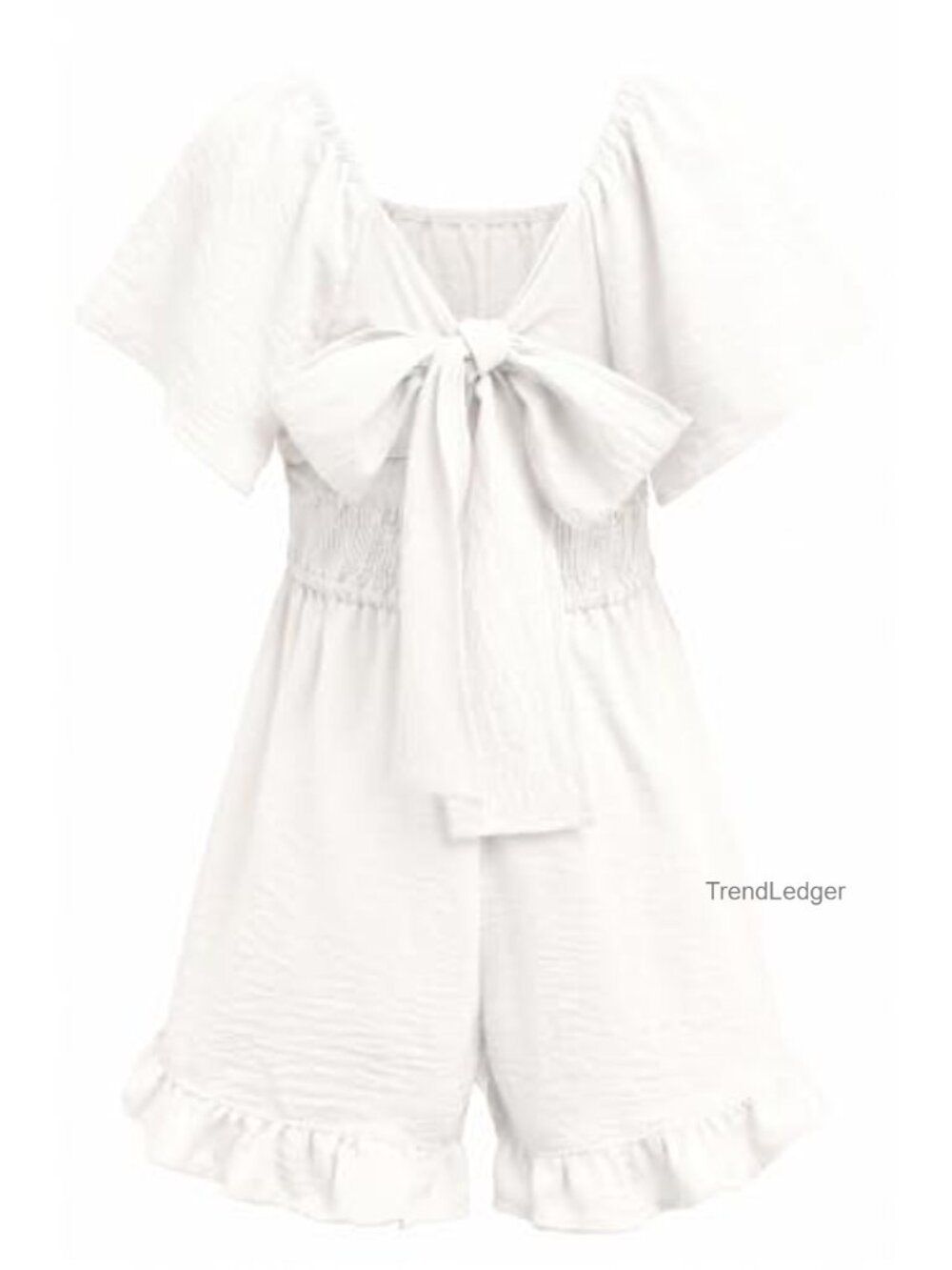Girls Off Shoulder Smocked Romper Tie Back Ruffle Short Sleeve Jumpsuit